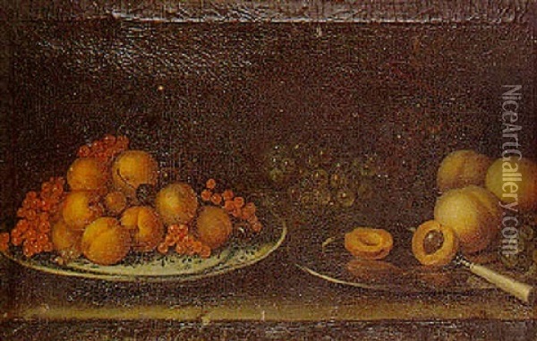 Nature Morte Aux Abricots, Groseilles Et Raisins Sur Un Entablement Oil Painting - Louise Moillon