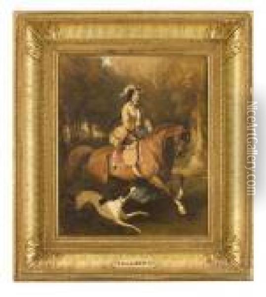 Amazzone A Cavallo Con Levriero Oil Painting - Alfred De Dreux