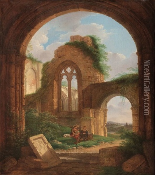 Couple De Bergers Dans Des Ruines Gothiques Oil Painting - Anton Pieter Steyaert