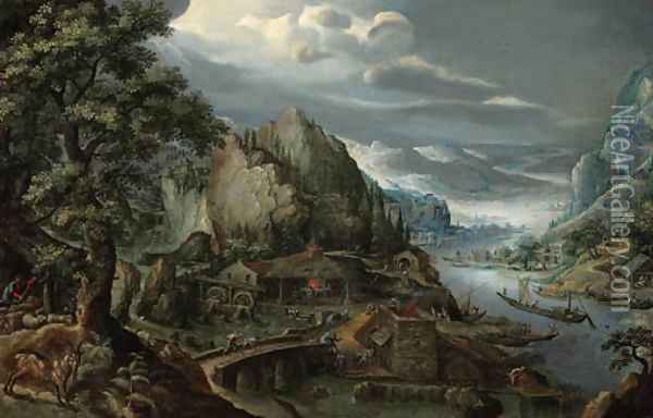 A mountainous river valley, with an iron foundry, a town in the distance Oil Painting - Marten Van Valkenborch I