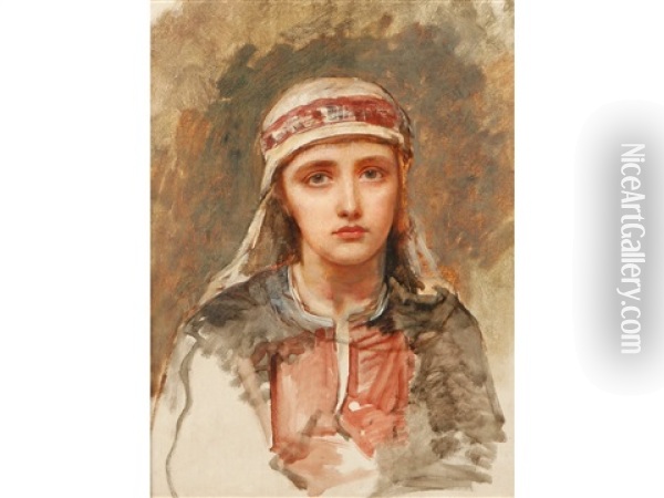 A Head And Shoulders Portrait Of An Arab Girl Wearing Traditional Dress Oil Painting - Edwin Long