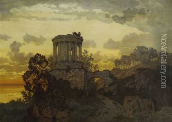 Abendstimmung An Felsiger Meereskuste Mit Romischer Ruine Oil Painting - Ferdinand Knab