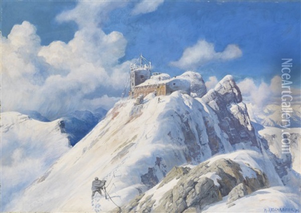 Der Zugspitzgipfel Mit Wetterwarte Und Munchner Haus Oil Painting - Rudolf (Robert) Reschreiter