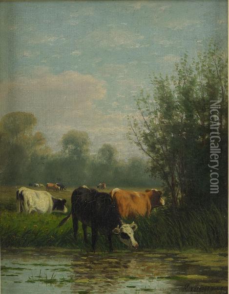 Landscape With Cows Oil Painting - Mikhail Ivanovich Kholodovsky
