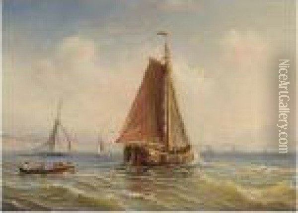 Sailing Vessels And A Rowing Boat Offshore Oil Painting - Herminie Gudin