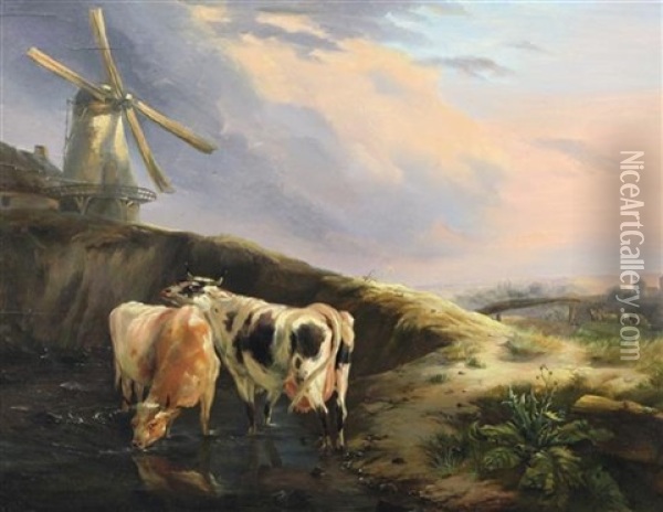 Cattle Watering Before A Windmill Oil Painting - Balthasar Paul Ommeganck