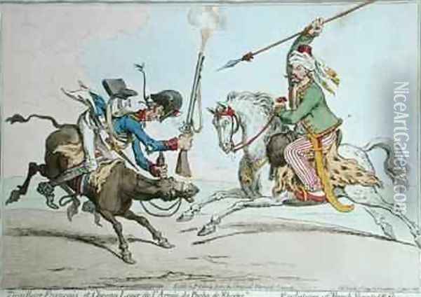 Tirailleur Francais et Chevau Leger de lArmee du Pacha de Rhodes or The Evolutions of French Mounted Riflemen Oil Painting - James Gillray