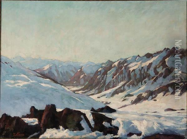 Snowy Mountain Landscape Oil Painting - Heinrich Franz