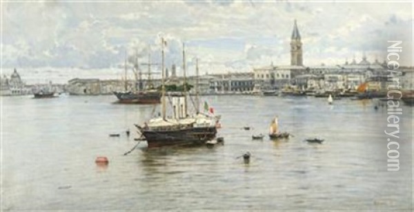 Panorama Of Venice With Steamboats In The Foreground Oil Painting - Filippo Carcano