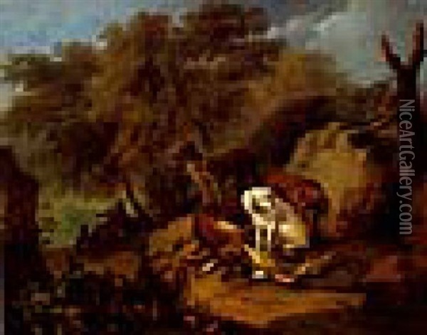 Jagdbeute Von Hunden Bewacht, Im Hintergrund Rastende Jager Oil Painting - Adriaen de Gryef