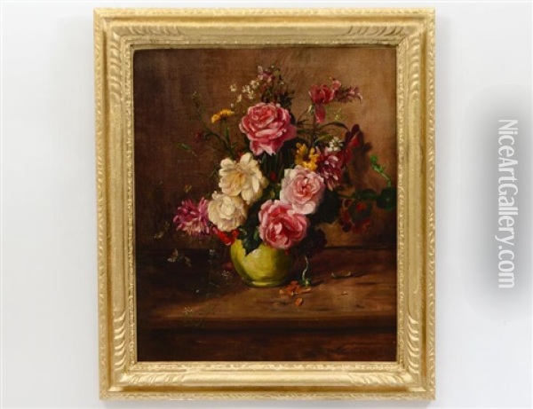 Still Life Of Roses, Chrysanthemums And Other Flowers In A Green Vase On A Wooden Ledge Oil Painting - Willem Elisa Roelofs
