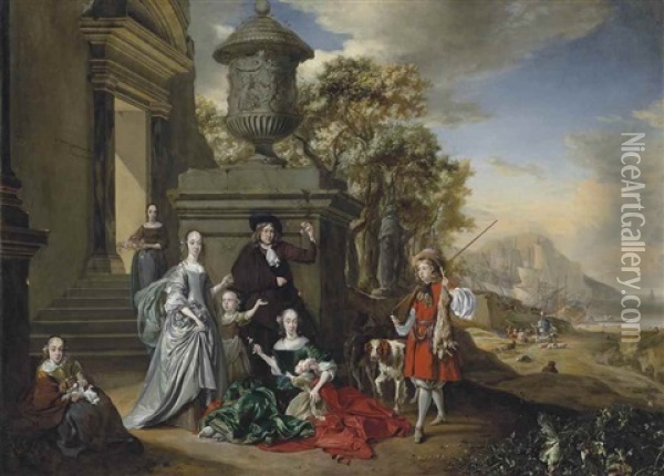 A Group Portrait Of An Elegantly Dressed Family By A Classical Building, With A Boy Approaching, Holding Game And A Rifle, A Coastal Landscape Beyond Oil Painting - Jan Weenix