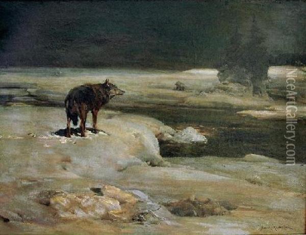 Wilk W Nocy Oil Painting - Alfred Wierusz-Kowalski