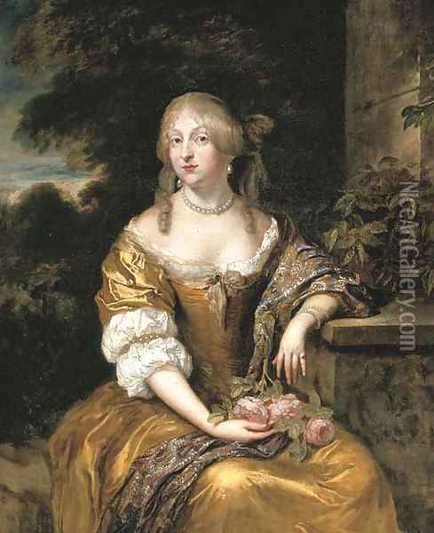 Portrait of a lady, three-quarter-length, in a gold satin gown, seated in a garden Oil Painting - Caspar Netscher