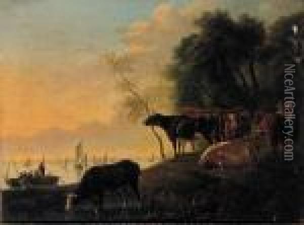 Cowherds And Cattle On A Riverbank On A Summer's Day Oil Painting - Aelbert Cuyp