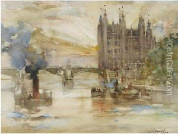 Houses Of Parliament From The River Oil Painting - James Watterston Herald