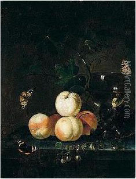 Still Life Of Peaches, Grapes, 
Vine Leaves And A Roemer, Arranged Upon A Stone Table Top, Together With
 Red Admiral Butterflies Oil Painting - Abraham Van Calraet