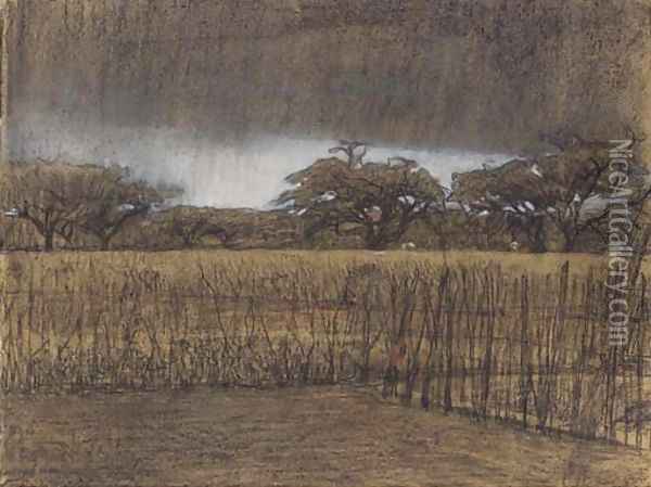 Akkers met oude bomen clouds over a farm field, Soest Oil Painting - Jacobus Van Looy