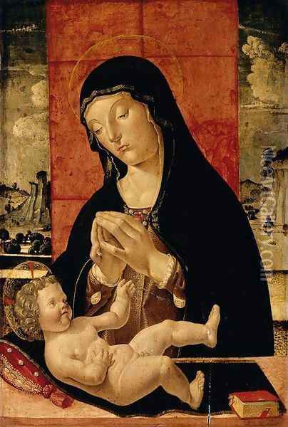 Madonna Adoring the Christ Child c. 1490 Oil Painting - Pietro da Vicenza