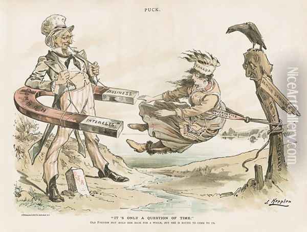 Caricature of Uncle Sam and Canada Cover of Puck Magazine Oil Painting - Joseph Keppler