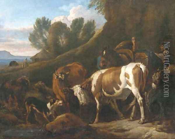 A peasant with cows, a mule, sheep, a donkey and a turkey in an Italianate landscape Oil Painting - Pieter van Bloemen