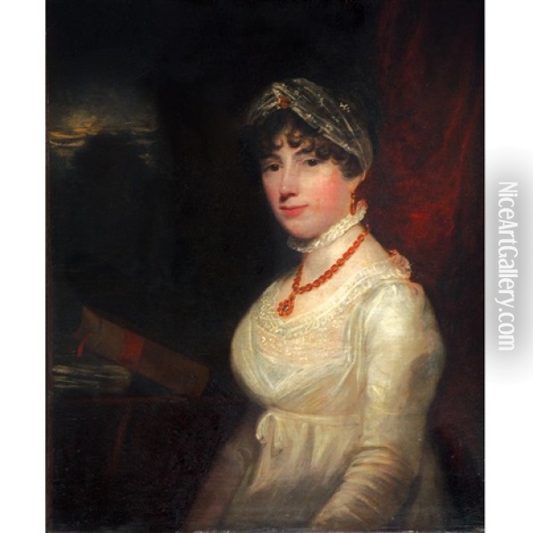 Portrait Of A Lady In White Oil Painting - Sir John Hoppner