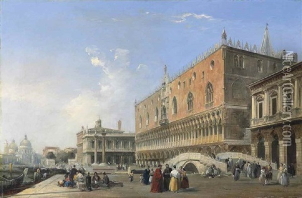 The Doge's Palace, The Piazzetta And The Biblioteca, With Sta Maria Della Salute Beyond, Venice Oil Painting - Edward Pritchett
