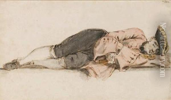 Study Of A Sleeping Violinist, Wearing A Tricorne And Holding Hisviolin Under His Arms Oil Painting - Louis P. Boitard