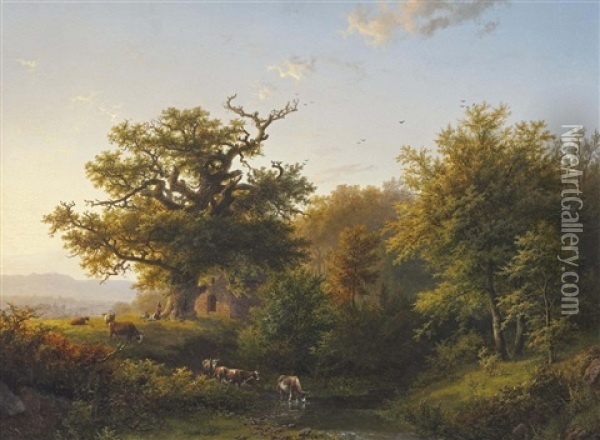 A Wooded Landscape With Grazing Cattle Near A Stream Oil Painting - Barend Cornelis Koekkoek