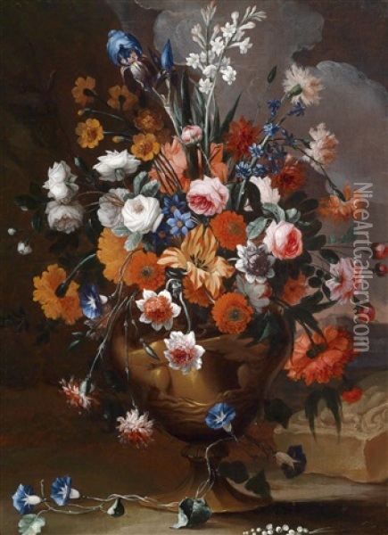 Ein Stillleben Aus Pfingstrosen, Rosen, Lilien, Tulpen, Narzissen Und Anderen Blumen Oil Painting - Karel van Vogelaer