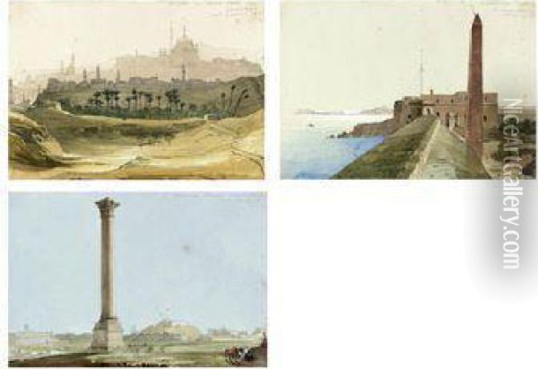 The Citadel Of Cairo From The Environs; Cleopatra's Needle,alexandria; And Pompey's Pillar, Alexandria Oil Painting - William Clerihew