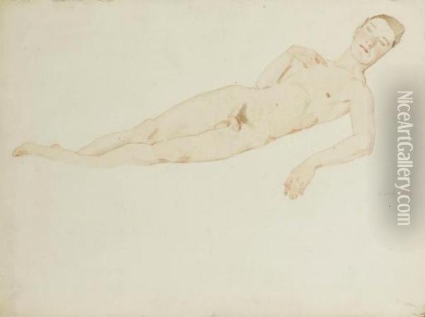 Study Of A Male Nude Oil Painting - Konstantin Andreevic Somov