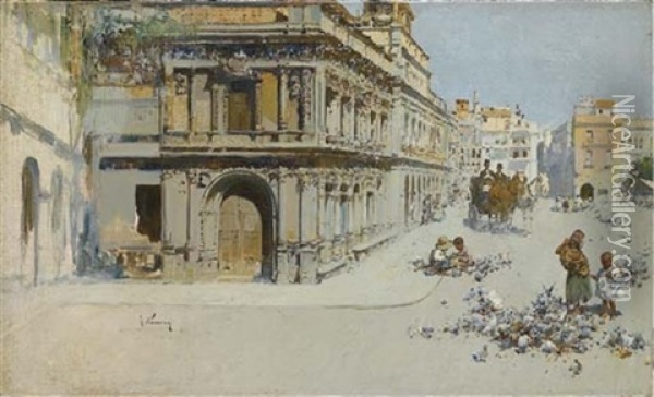 A Square In Madrid Oil Painting - Jose Navarro Llorens