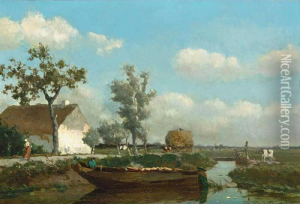 A Polder Landscape With A Figure On A Barge Oil Painting - Jan Hendrik Weissenbruch