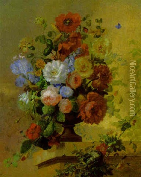 Flowers In An Urn On A Ledge Oil Painting - Jan Van Huysum