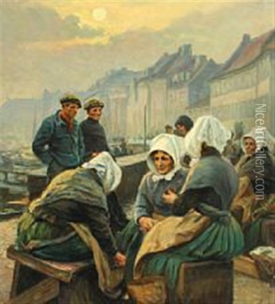 Fishermen's Wives At Gammel Strand, Copenhagen Oil Painting - Emil Axel Krause