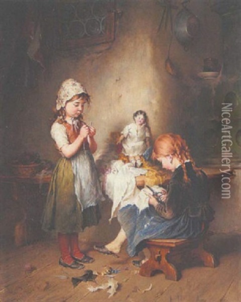 Puppenschneiderei: Zwei Kleine Madchen Bei Eifriger Naharbeit Oil Painting - Heinrich Hirt