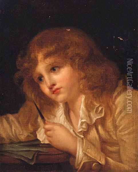 A boy seated at a desk Oil Painting - Jean Baptiste Greuze