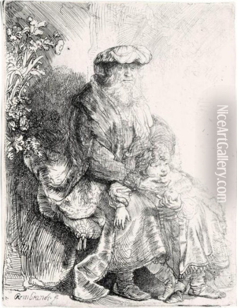 Abraham Caressing Isaac (b., Holl.33; H.148; Bb.37-2) Oil Painting - Rembrandt Van Rijn