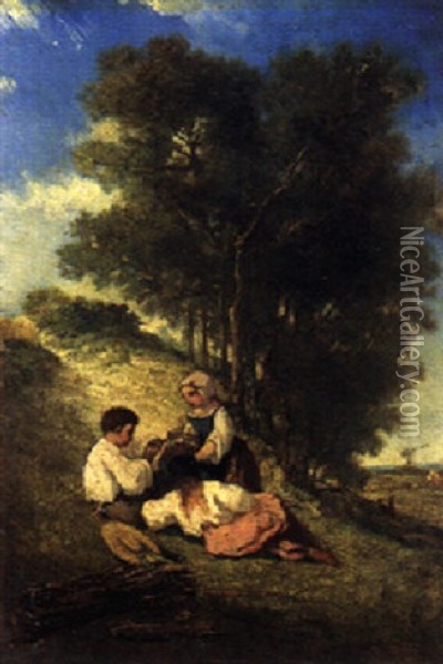 Drei Kinder Mit Vogelkafig Am Hang Oil Painting - Francois Germain Leopold Tabar(t)