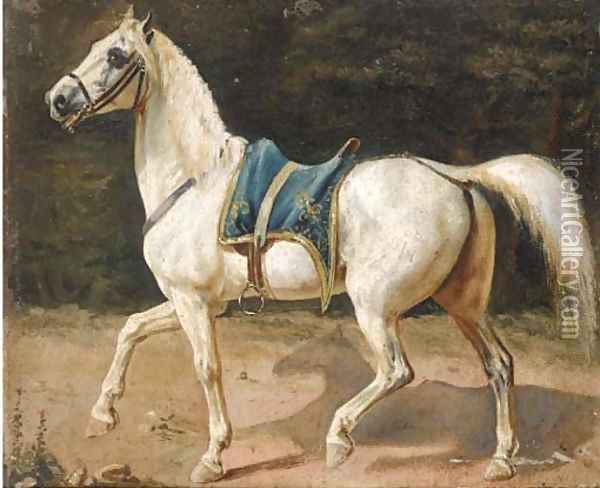 A saddled grey charger, thought to be Napoleon's horse Marengo Oil Painting - French School
