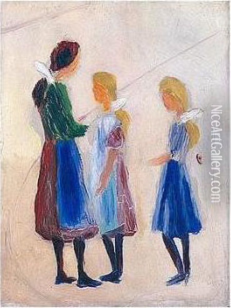 Drei Madchen Mit Weissen Haarschleifen (three Girls With White Bows) Oil Painting - August Macke