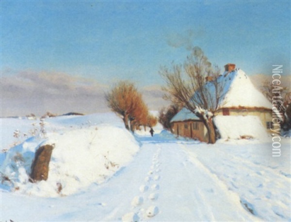 Vinterlandskab Med Hus Ved Vej Oil Painting - Hans Andersen Brendekilde