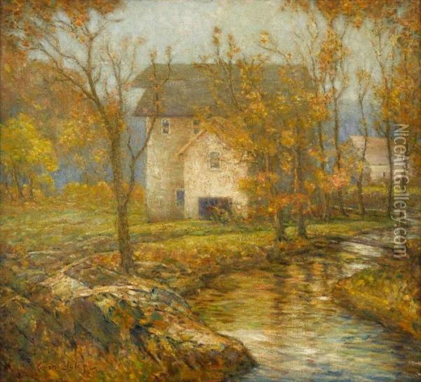House By A River, Autumn Oil Painting - Cullen Yates