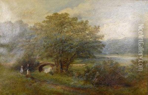 A Mother And Child In A Wooded River Landscape Oil Painting - Joseph F. Ellis