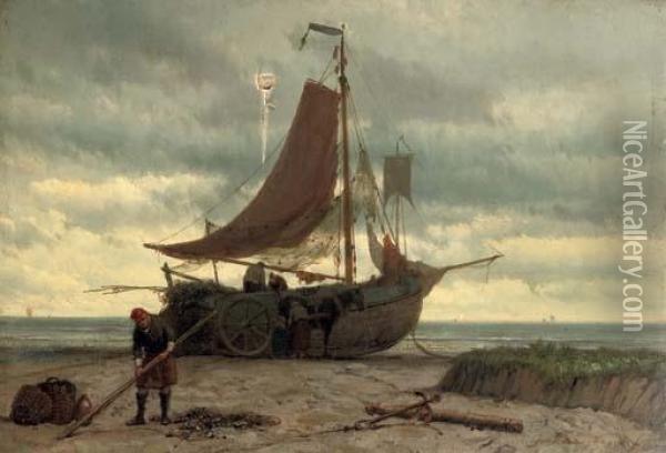 A Beached Bomschuit At Low Tide Oil Painting - Johannes Hermann Barend Koekkoek