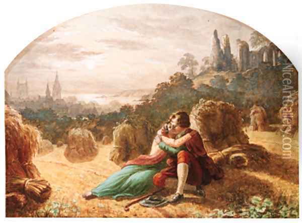 Lovers in an embrace beside corn stooks Oil Painting - Waller Hugh Paton