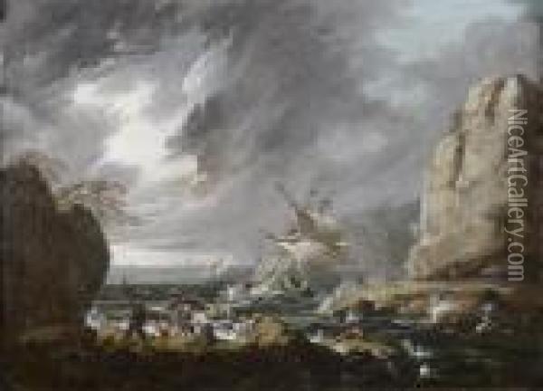 Bateau Sur Une Mer Agitee Aux Abords D'une Cote Rocheuse Oil Painting - Jean-Baptiste Pillement