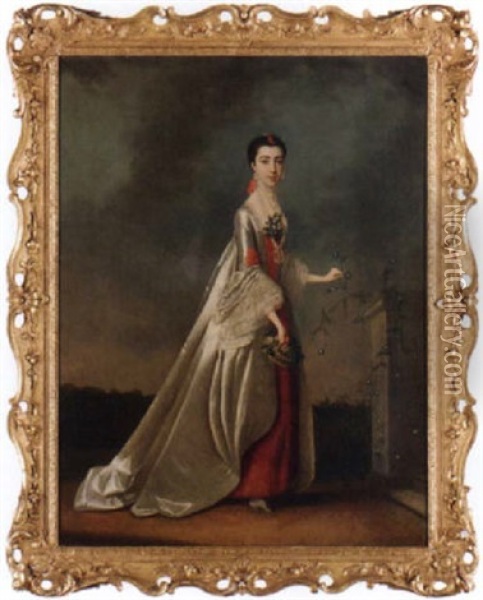 Portrait Of A Lady (the Duchess Of Somerset?) In A Red And White Dress, In A Landscape Oil Painting - Edward Penny