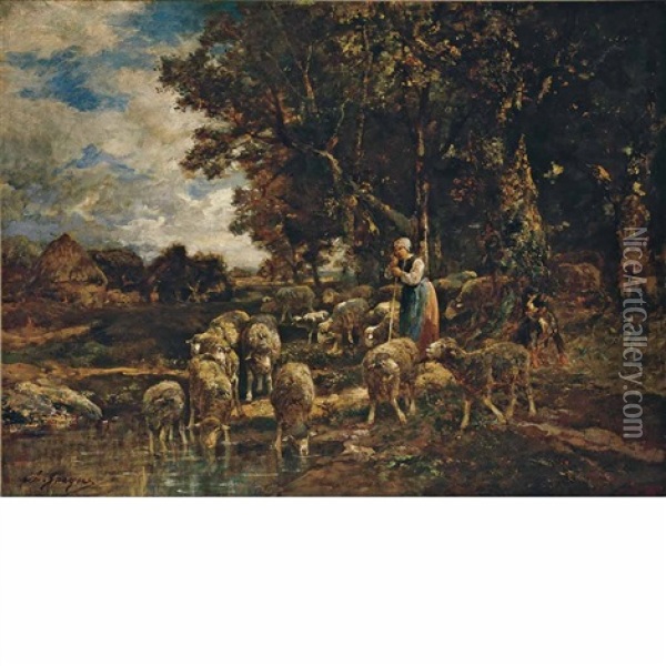 Watering Hole Oil Painting - Charles Emile Jacque